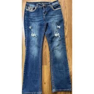 Sexy Couture Jeans Womens 13 Blue Bootcut Distressed Embroidered Mud Rise